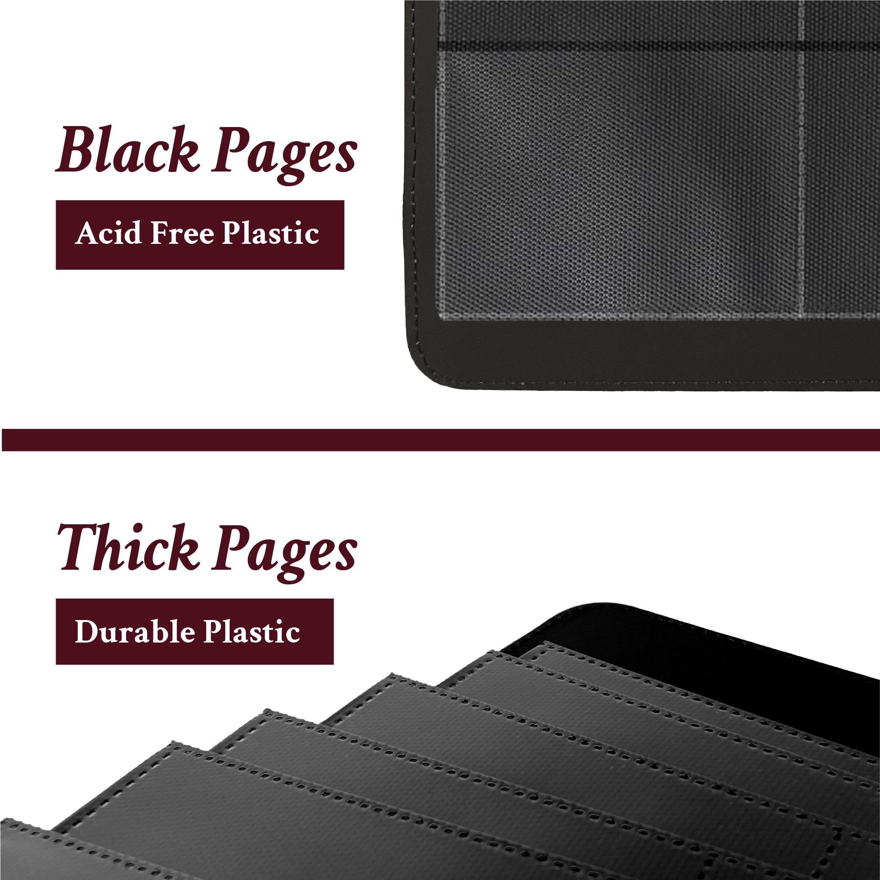 Inside pages of binders. Black and thick pages made from acid free & durable plastic