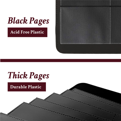 Inside pages of binders. Black and thick pages made from acid free & durable plastic